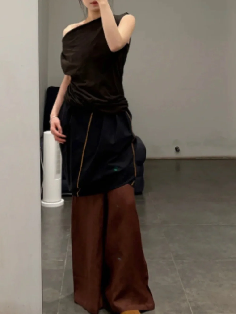 BASERANGE The Turn Skirt In Black Organic Cotton Contrast Stitch Twisted Seams